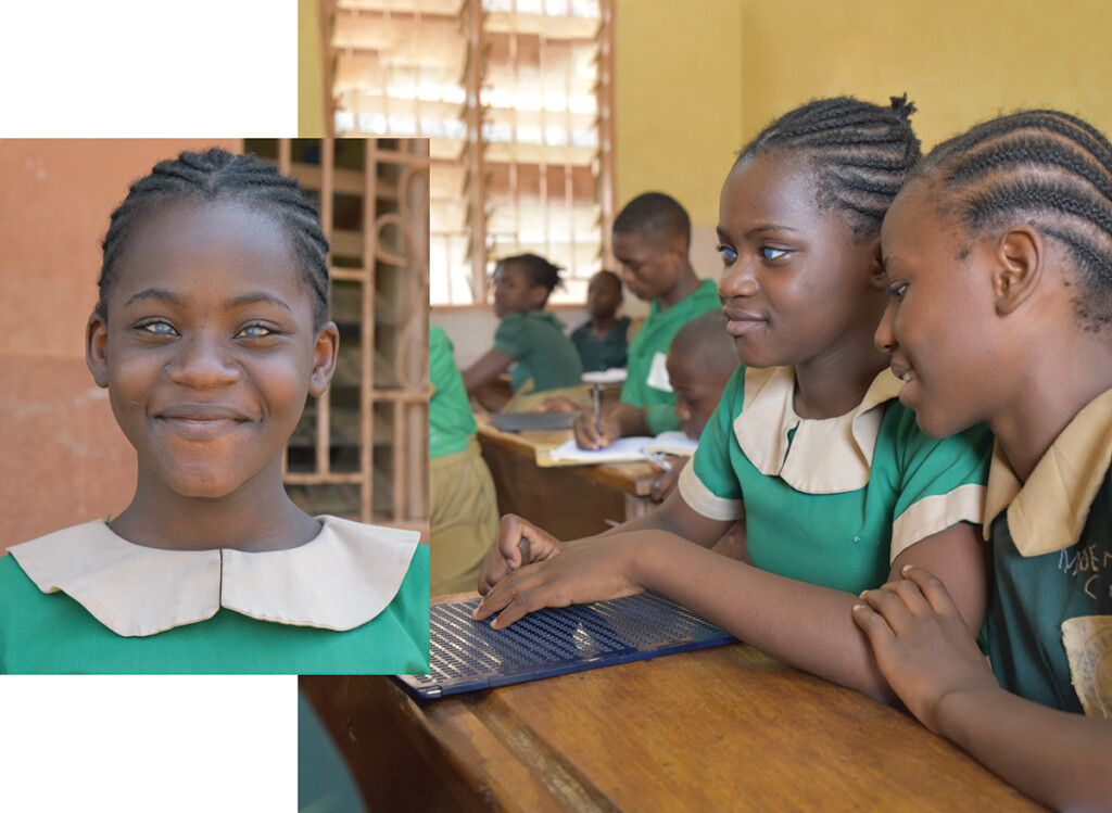 primo piano di bambina cieca in classe