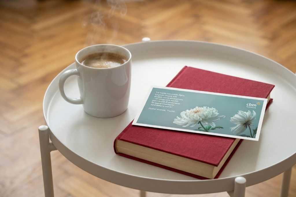 tazza di caffè accanto a libro rosso e opuscolo lasciti cbm