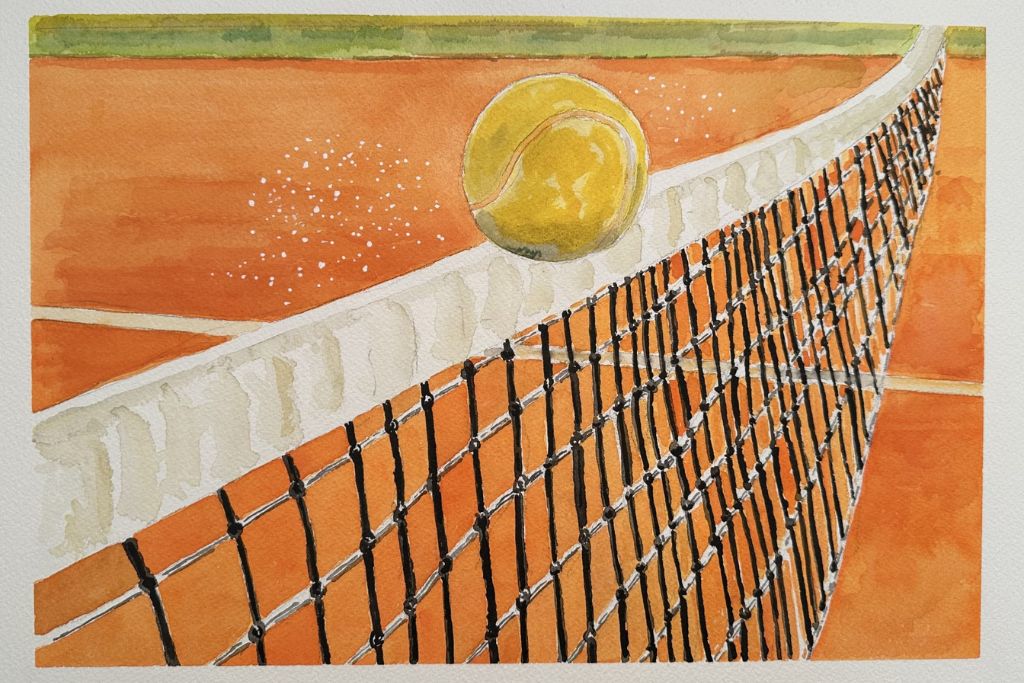 acquerello che mostra una palla da tennis toccare la rete